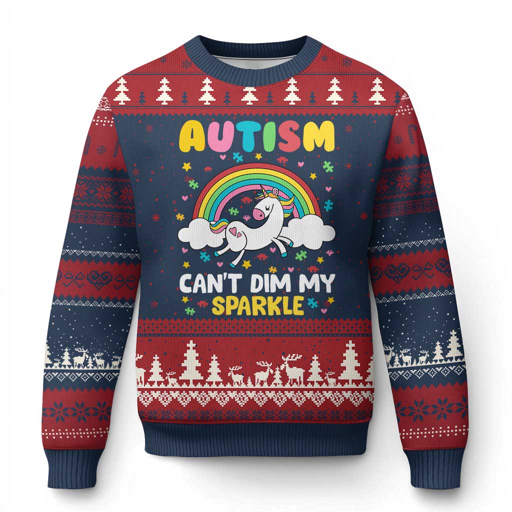 Funny Autism Can't Dim My Sparkle Ugly Christmas Sweater Autism Awareness Unicorn Rainbow