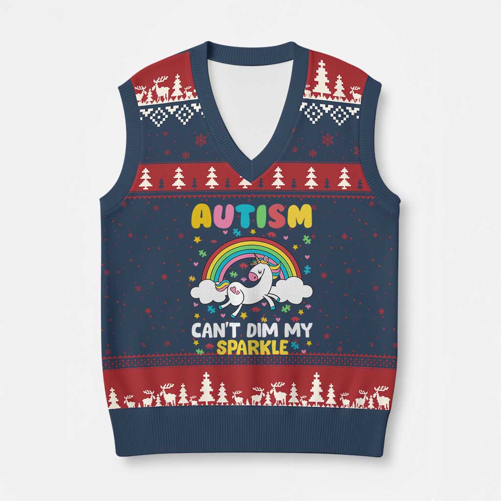 Funny Autism Can't Dim My Sparkle V-Neck Knit Sweater Vest Autism Awareness Unicorn Rainbow