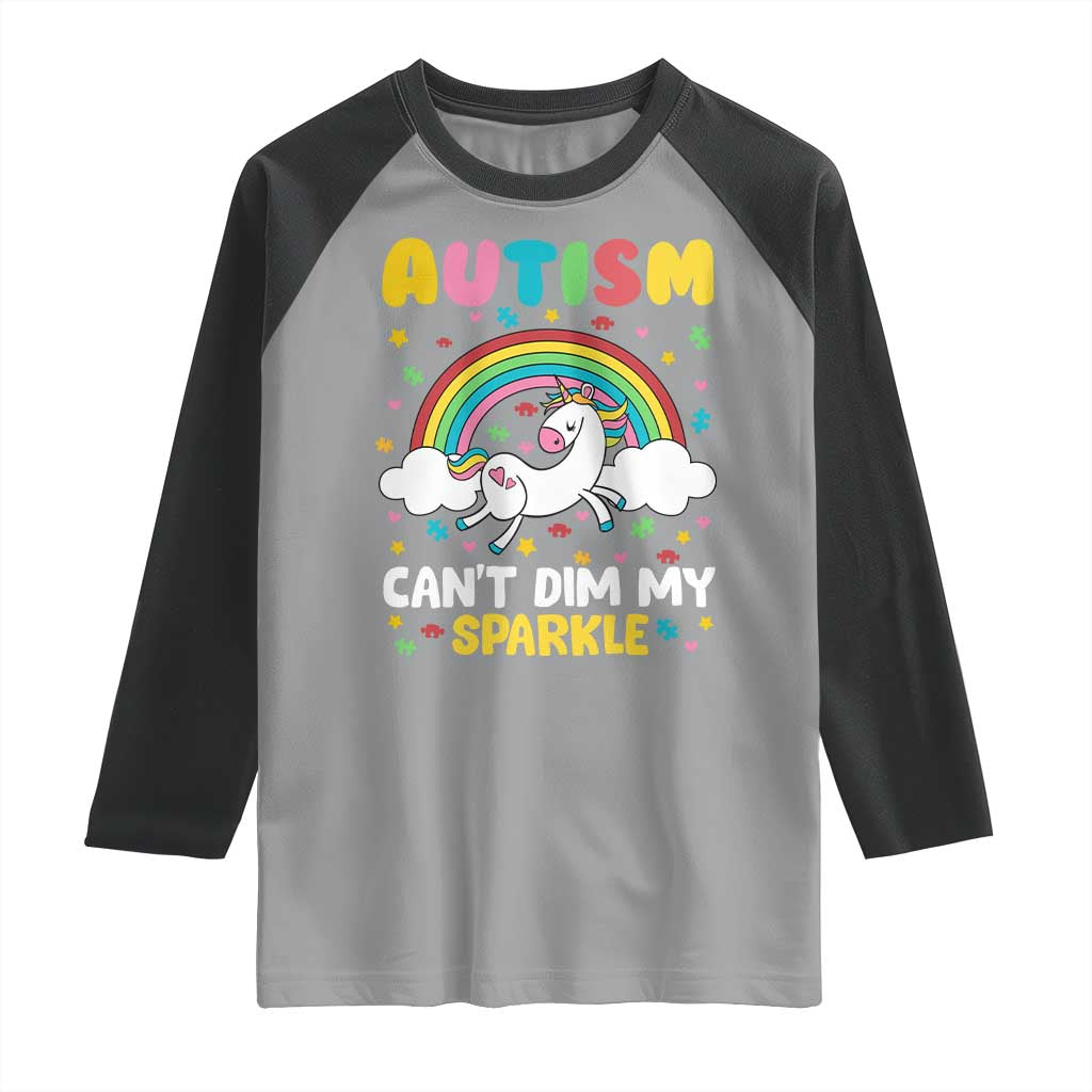 Funny Autism Can't Dim My Sparkle Raglan Shirt Autism Awareness Unicorn Rainbow