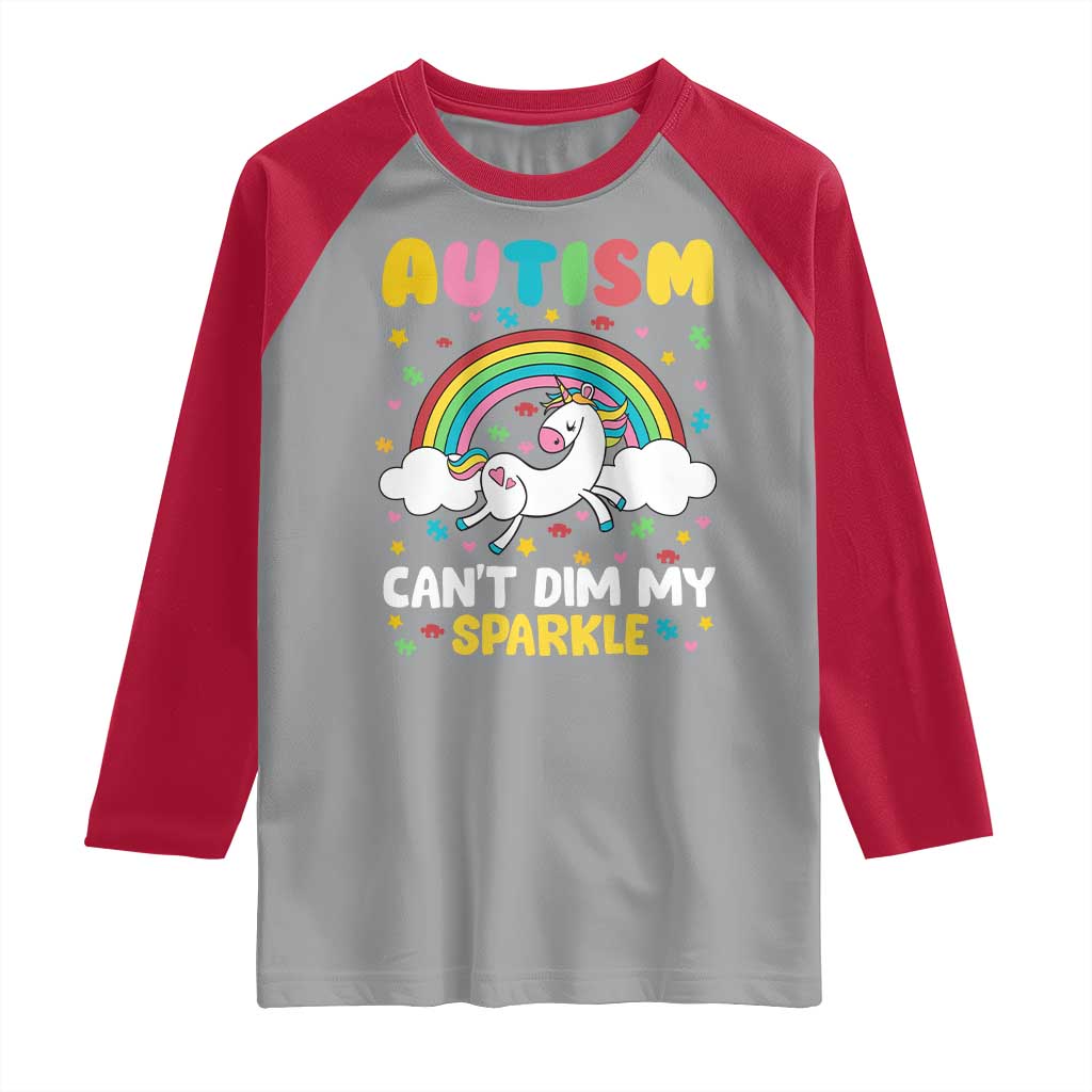 Funny Autism Can't Dim My Sparkle Raglan Shirt Autism Awareness Unicorn Rainbow