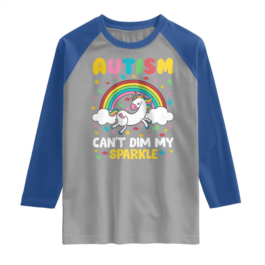 Funny Autism Can't Dim My Sparkle Raglan Shirt Autism Awareness Unicorn Rainbow