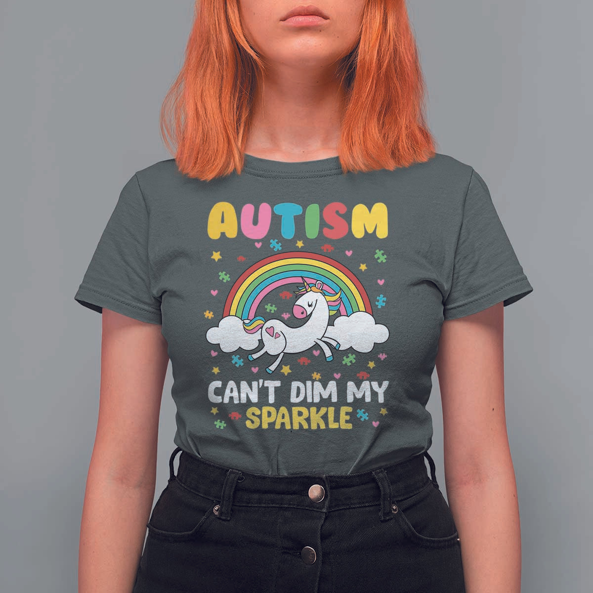 Funny Autism Can't Dim My Sparkle T Shirt For Women Autism Awareness Unicorn Rainbow