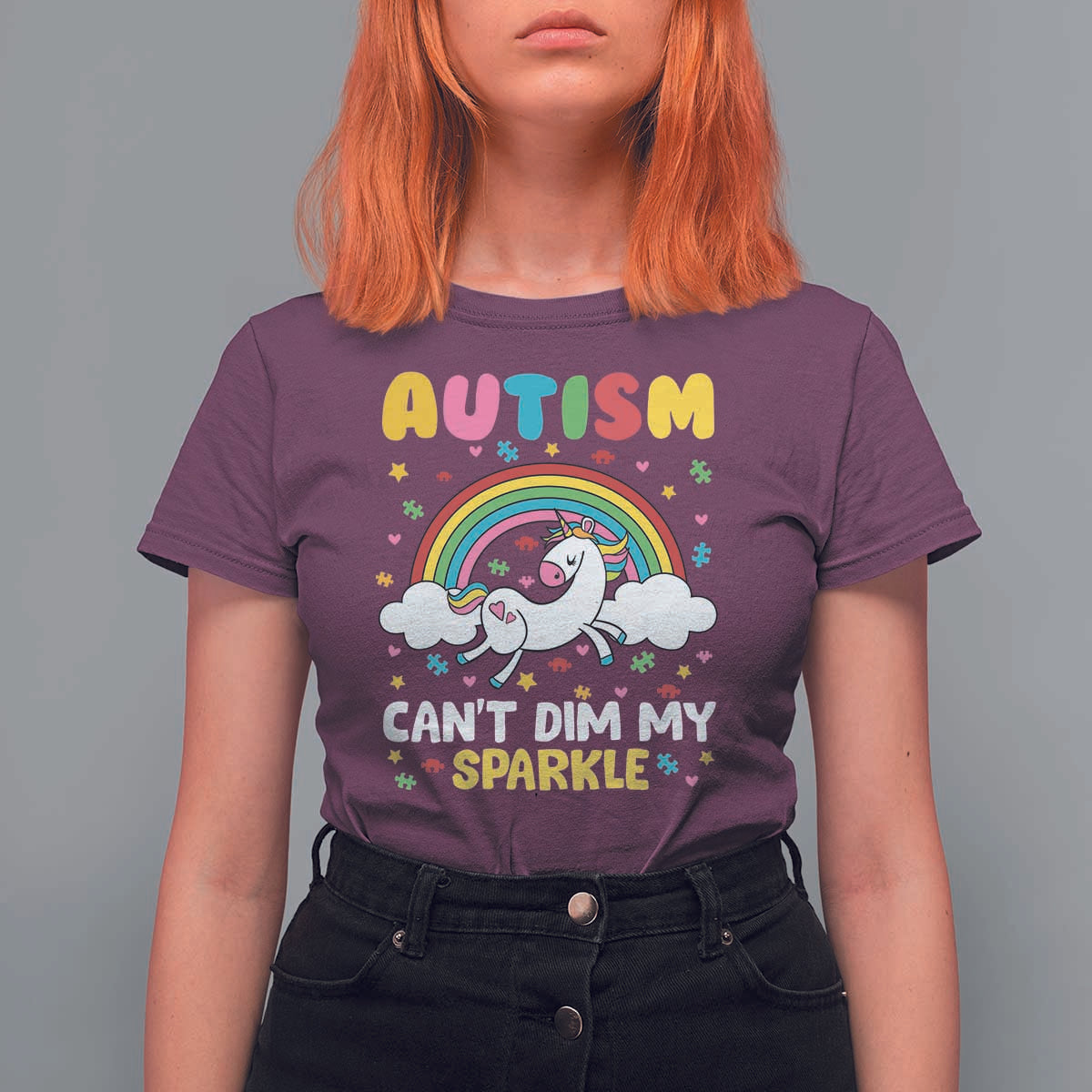 Funny Autism Can't Dim My Sparkle T Shirt For Women Autism Awareness Unicorn Rainbow