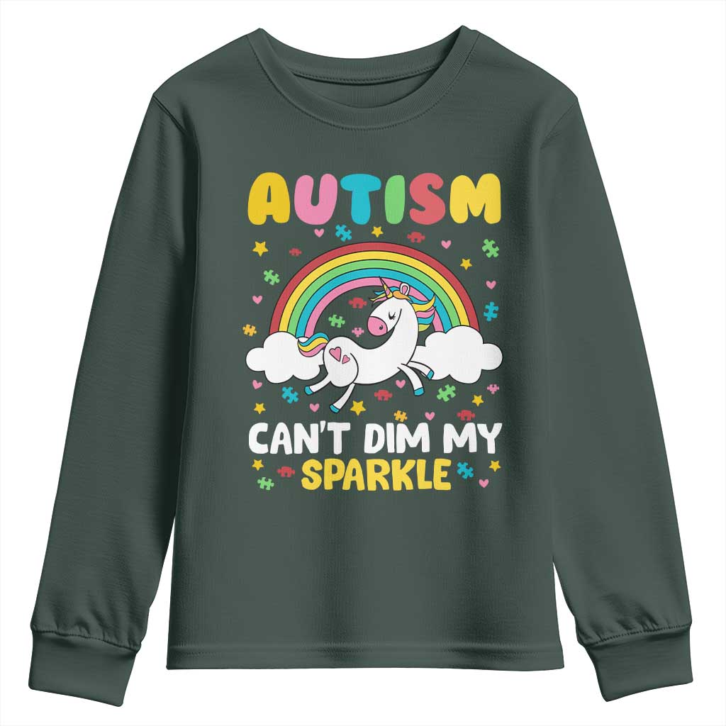 Funny Autism Can't Dim My Sparkle Youth Sweatshirt Autism Awareness Unicorn Rainbow