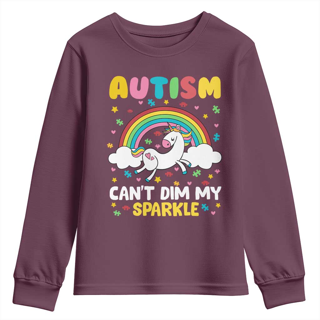 Funny Autism Can't Dim My Sparkle Youth Sweatshirt Autism Awareness Unicorn Rainbow