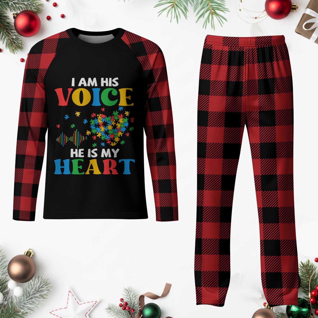 I Am His Voice He Is My Heart Plaid Pajama Set Autism Awareness Puzzle Piece