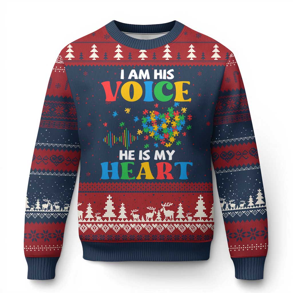 I Am His Voice He Is My Heart Ugly Christmas Sweater Autism Awareness Puzzle Piece