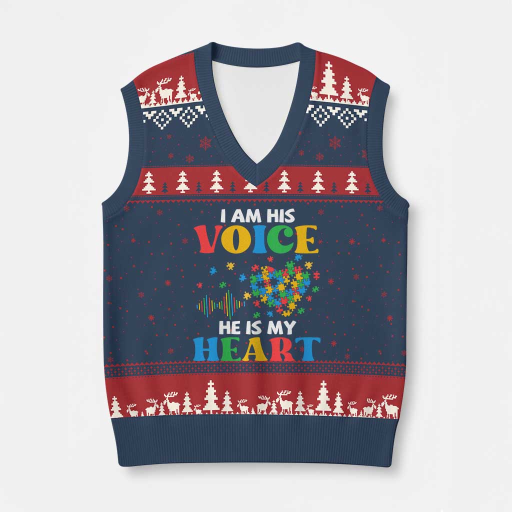 I Am His Voice He Is My Heart V-Neck Knit Sweater Vest Autism Awareness Puzzle Piece