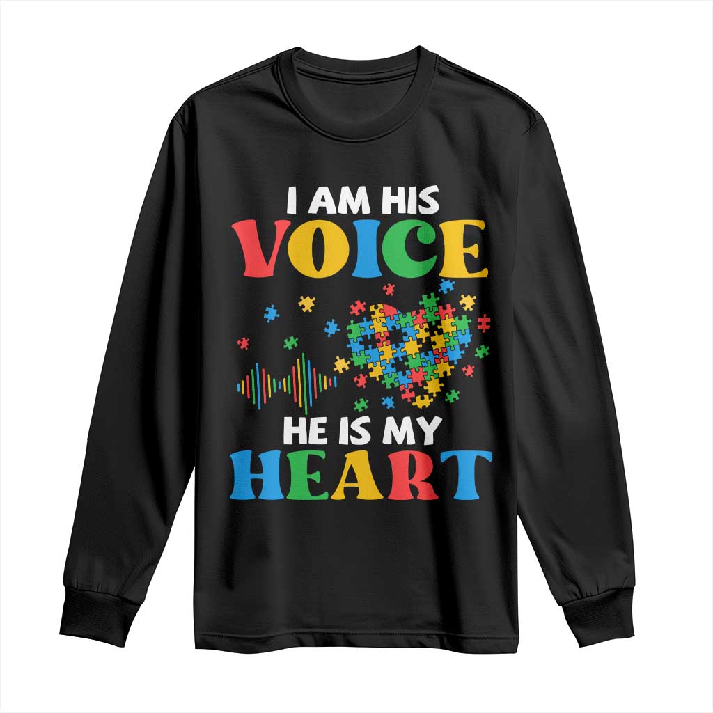 I Am His Voice He Is My Heart Long Sleeve Shirt Autism Awareness Puzzle Piece