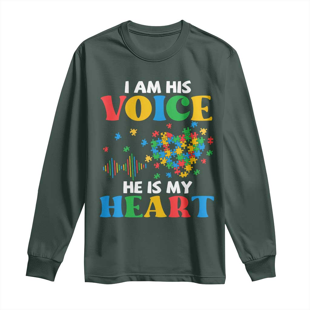 I Am His Voice He Is My Heart Long Sleeve Shirt Autism Awareness Puzzle Piece