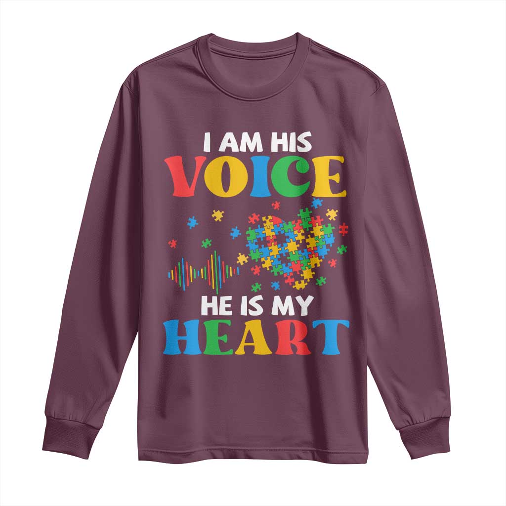 I Am His Voice He Is My Heart Long Sleeve Shirt Autism Awareness Puzzle Piece