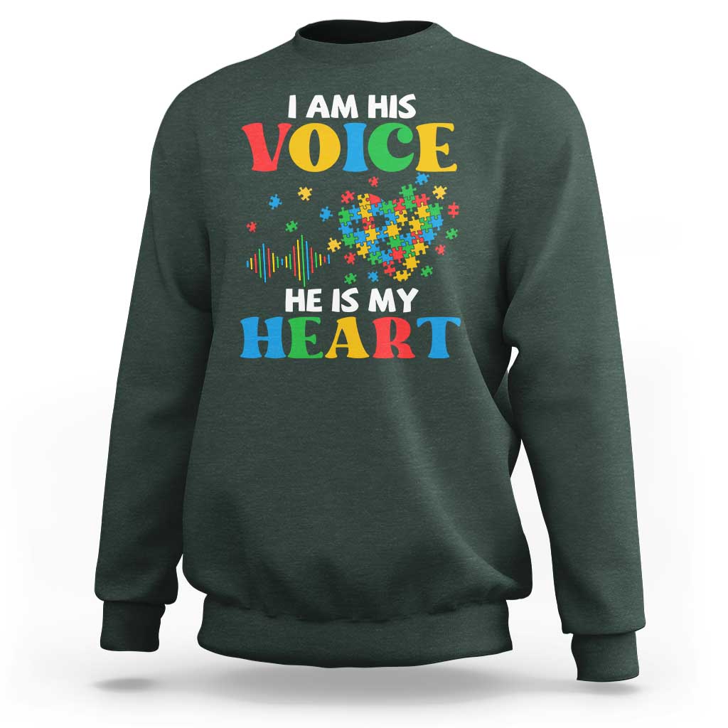 I Am His Voice He Is My Heart Sweatshirt Autism Awareness Puzzle Piece
