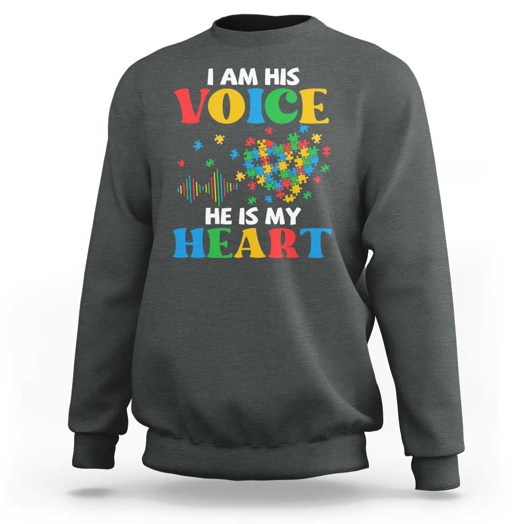 I Am His Voice He Is My Heart Sweatshirt Autism Awareness Puzzle Piece