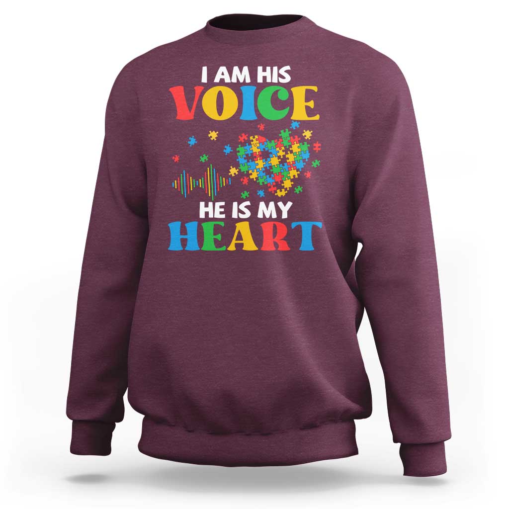 I Am His Voice He Is My Heart Sweatshirt Autism Awareness Puzzle Piece