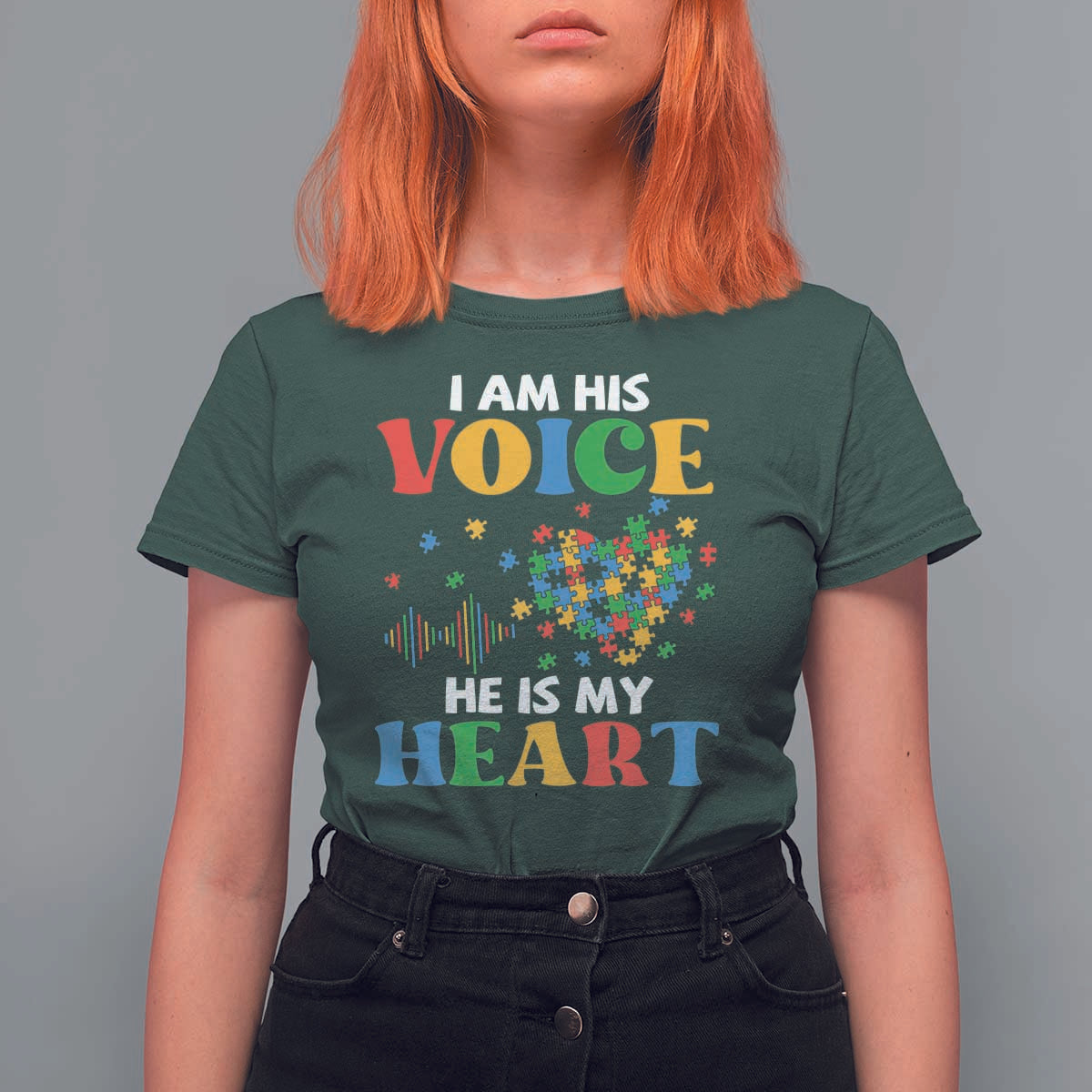 I Am His Voice He Is My Heart T Shirt For Women Autism Awareness Puzzle Piece