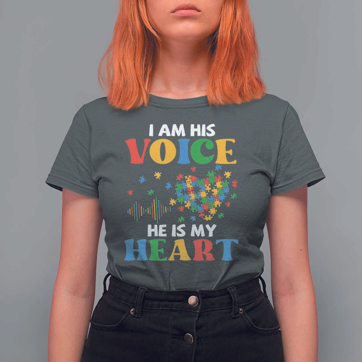I Am His Voice He Is My Heart T Shirt For Women Autism Awareness Puzzle Piece