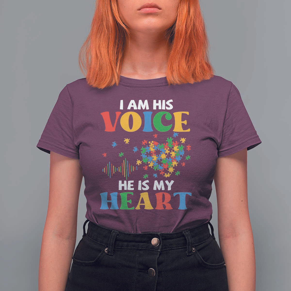 I Am His Voice He Is My Heart T Shirt For Women Autism Awareness Puzzle Piece