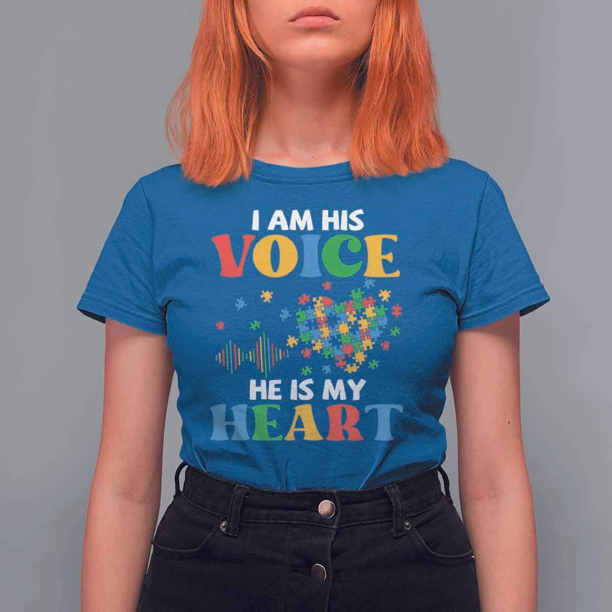 I Am His Voice He Is My Heart T Shirt For Women Autism Awareness Puzzle Piece