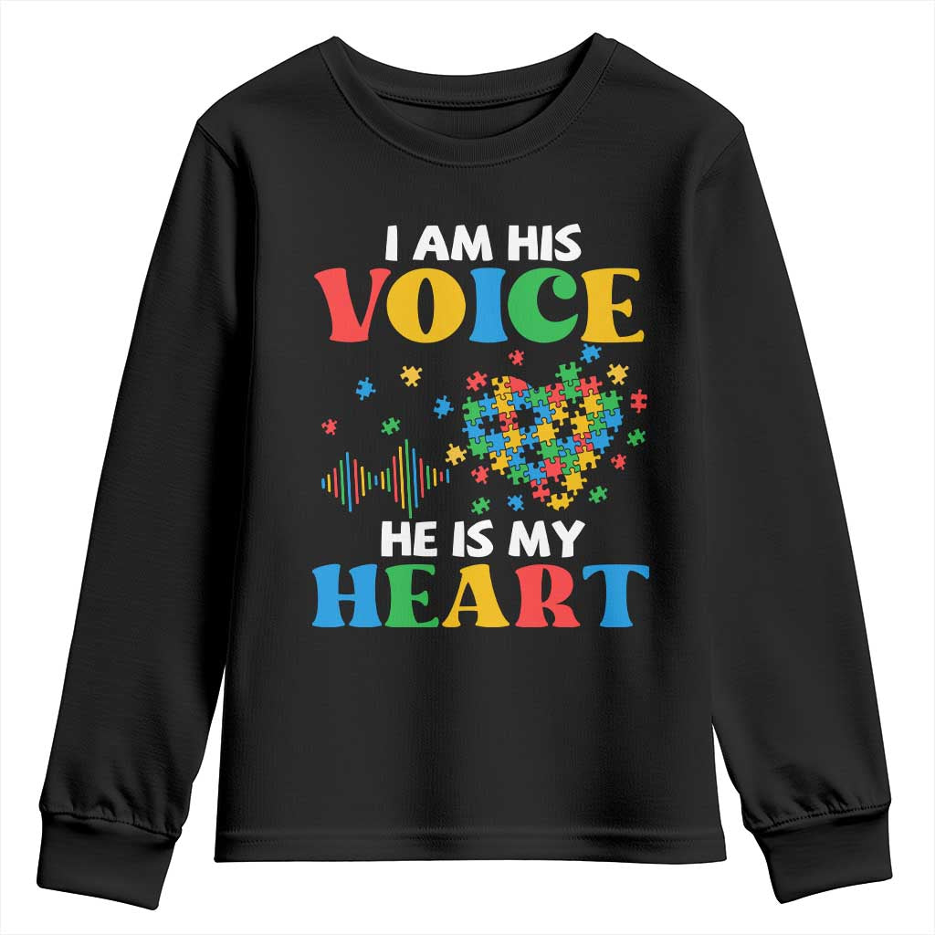 I Am His Voice He Is My Heart Youth Sweatshirt Autism Awareness Puzzle Piece