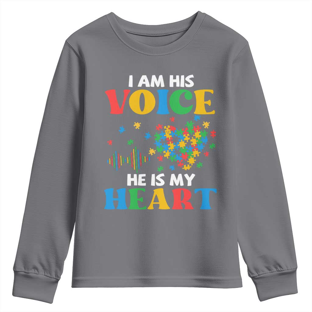 I Am His Voice He Is My Heart Youth Sweatshirt Autism Awareness Puzzle Piece