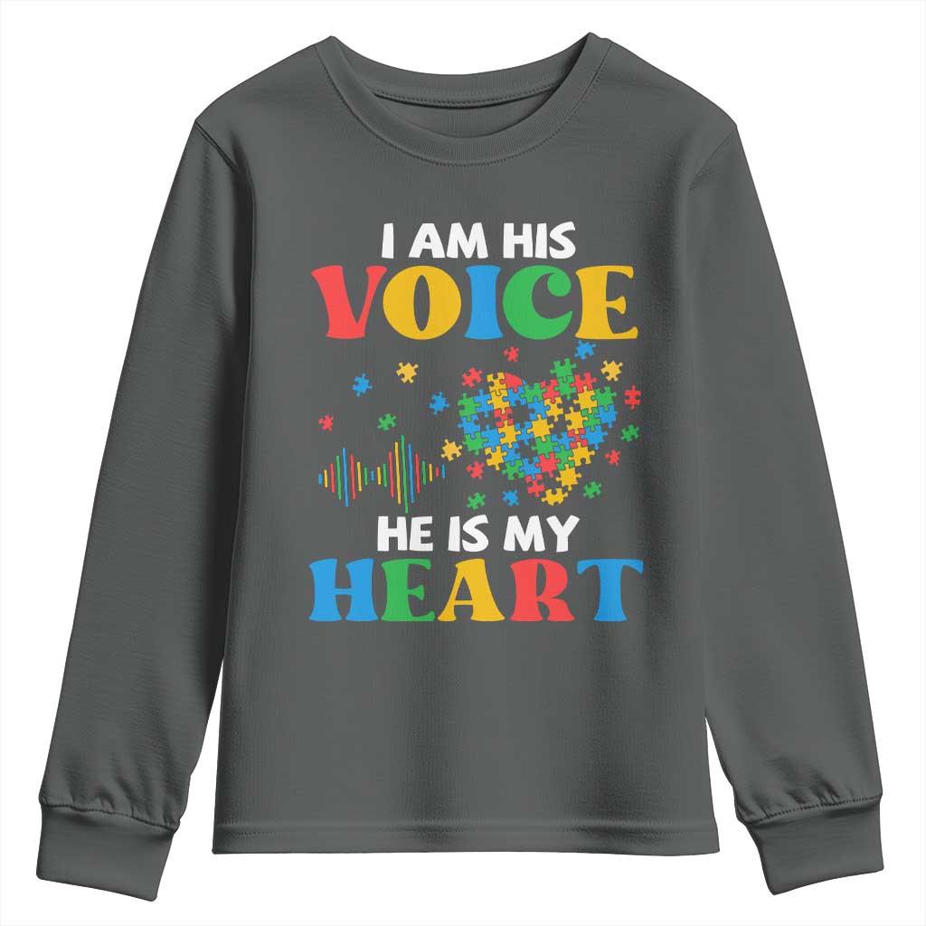 I Am His Voice He Is My Heart Youth Sweatshirt Autism Awareness Puzzle Piece