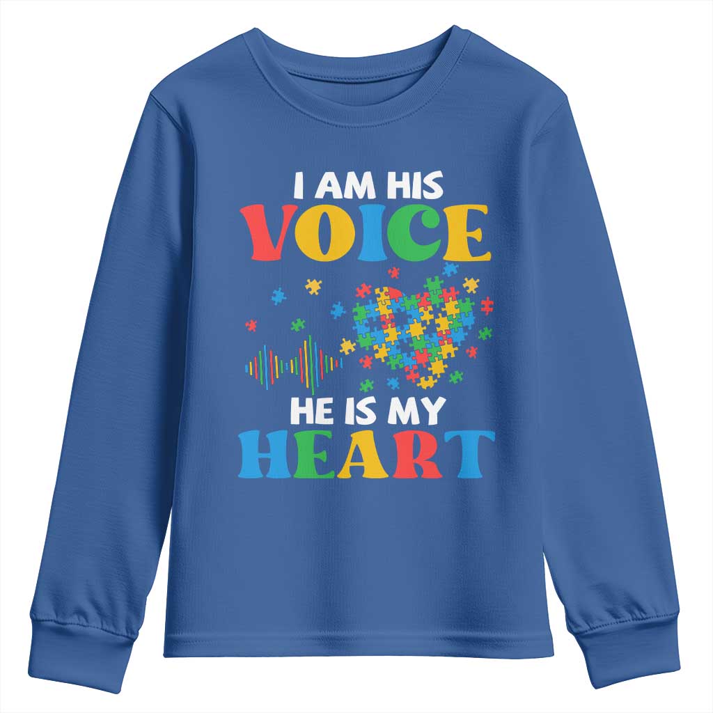I Am His Voice He Is My Heart Youth Sweatshirt Autism Awareness Puzzle Piece