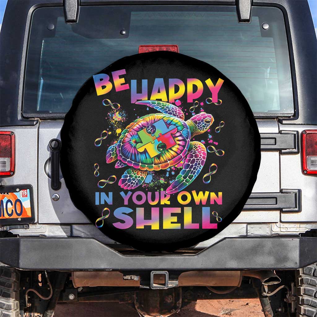 Funny Autism Awareness Be Happy In Your Own Shell Spare Tire Cover Rainbow Puzzle Turtle