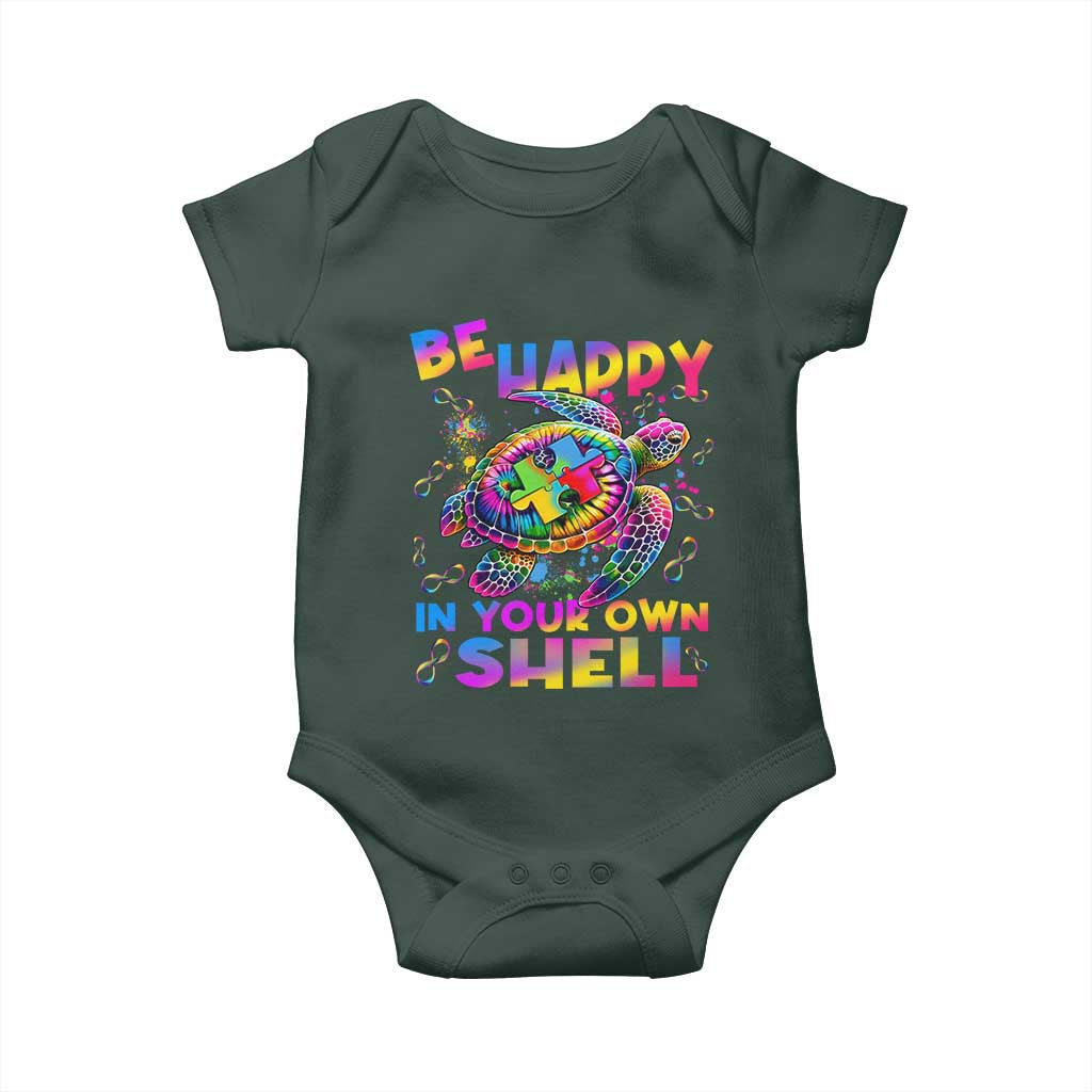 Funny Autism Awareness Be Happy In Your Own Shell Baby Onesie Rainbow Puzzle Turtle