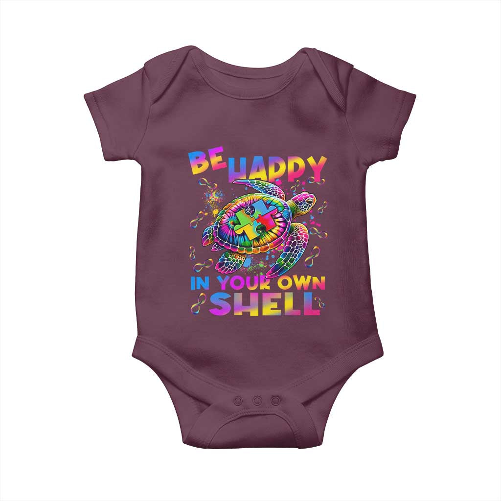 Funny Autism Awareness Be Happy In Your Own Shell Baby Onesie Rainbow Puzzle Turtle
