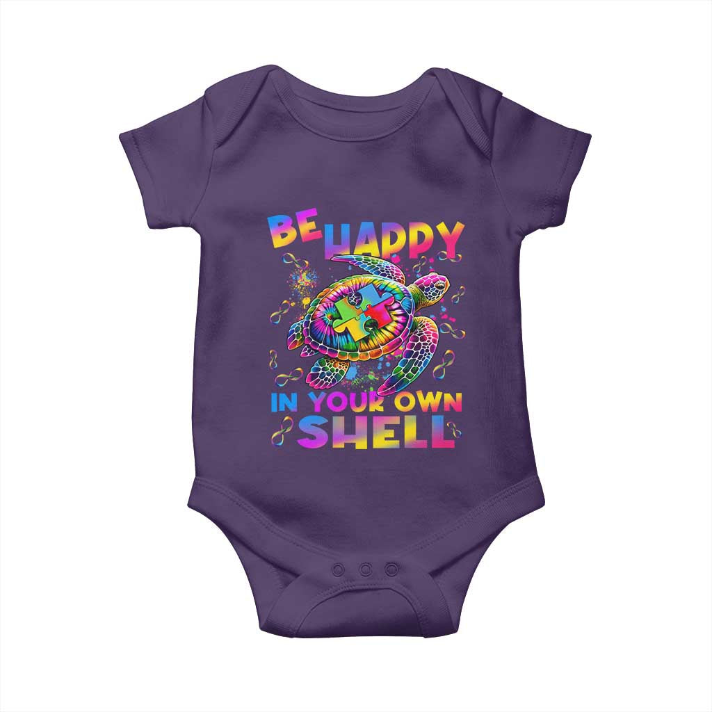 Funny Autism Awareness Be Happy In Your Own Shell Baby Onesie Rainbow Puzzle Turtle