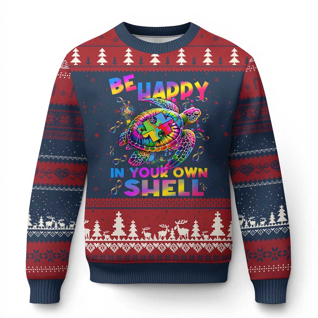 Funny Autism Awareness Be Happy In Your Own Shell Ugly Christmas Sweater Rainbow Puzzle Turtle