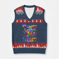 Funny Autism Awareness Be Happy In Your Own Shell V-Neck Knit Sweater Vest Rainbow Puzzle Turtle