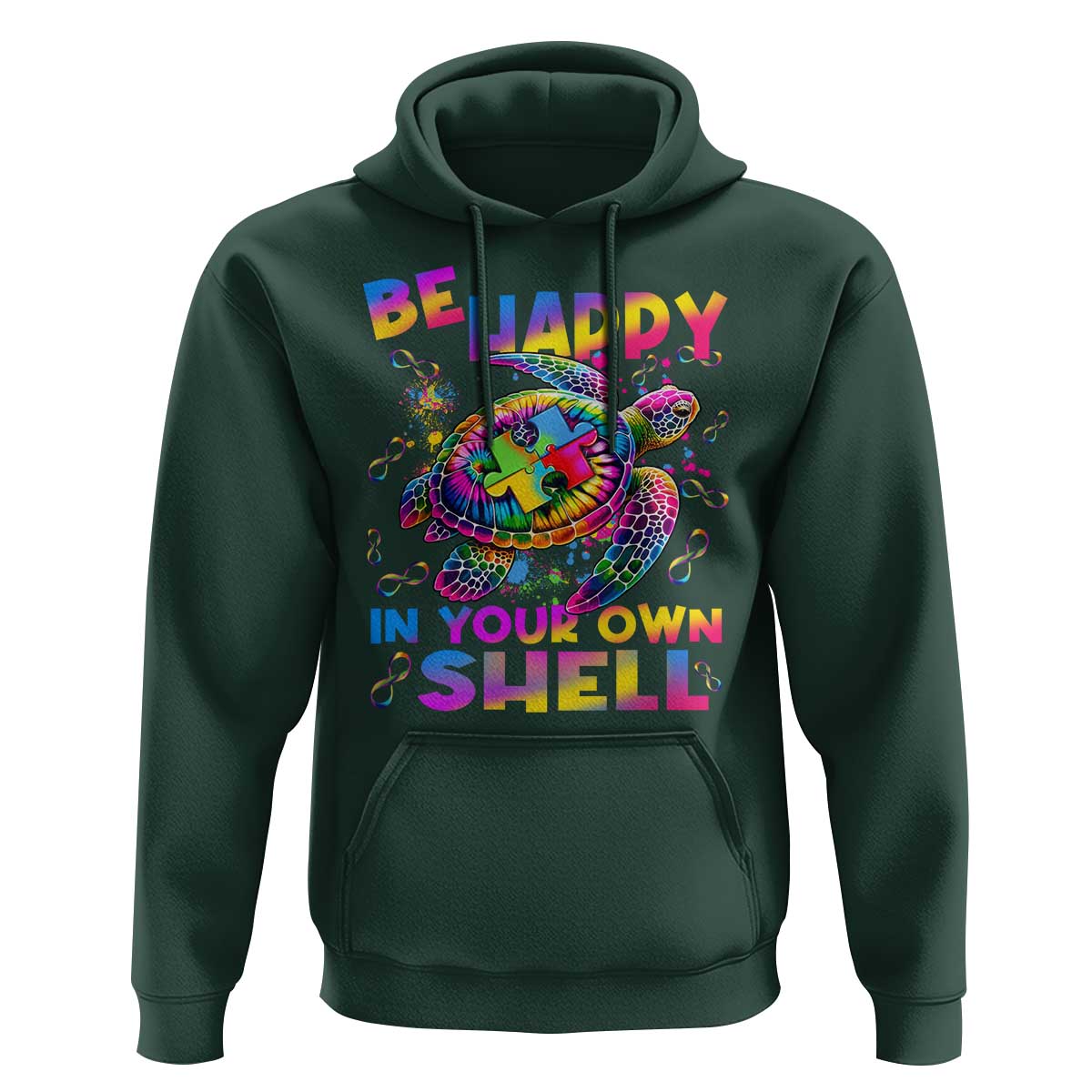 Funny Autism Awareness Be Happy In Your Own Shell Hoodie Rainbow Puzzle Turtle