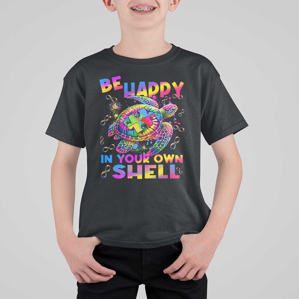 Funny Autism Awareness Be Happy In Your Own Shell T Shirt For Kid Rainbow Puzzle Turtle