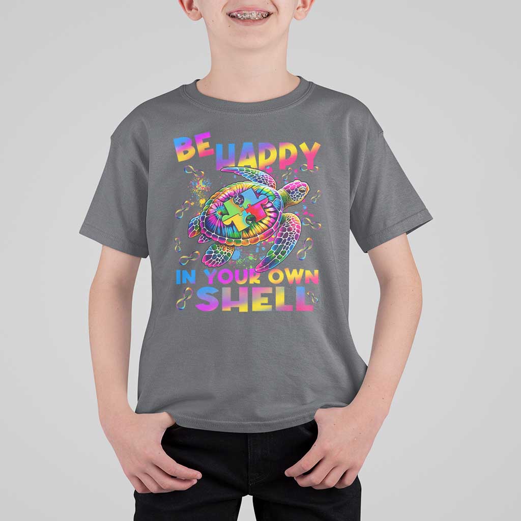 Funny Autism Awareness Be Happy In Your Own Shell T Shirt For Kid Rainbow Puzzle Turtle