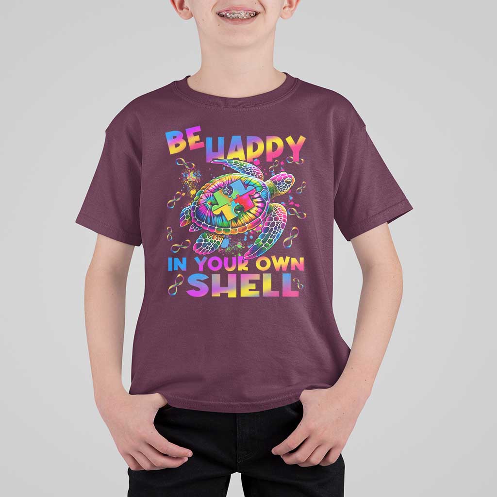 Funny Autism Awareness Be Happy In Your Own Shell T Shirt For Kid Rainbow Puzzle Turtle