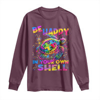 Funny Autism Awareness Be Happy In Your Own Shell Long Sleeve Shirt Rainbow Puzzle Turtle