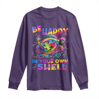 Funny Autism Awareness Be Happy In Your Own Shell Long Sleeve Shirt Rainbow Puzzle Turtle