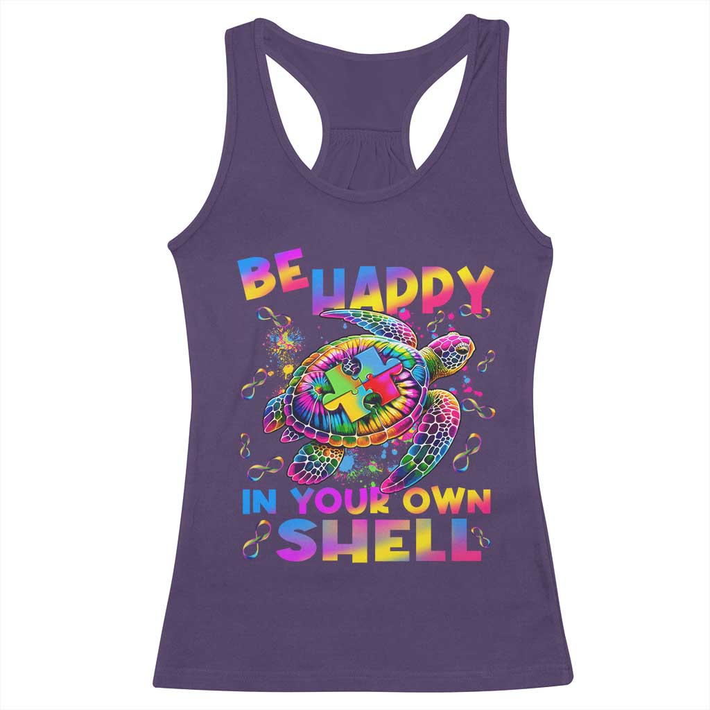 Funny Autism Awareness Be Happy In Your Own Shell Racerback Tank Top Rainbow Puzzle Turtle