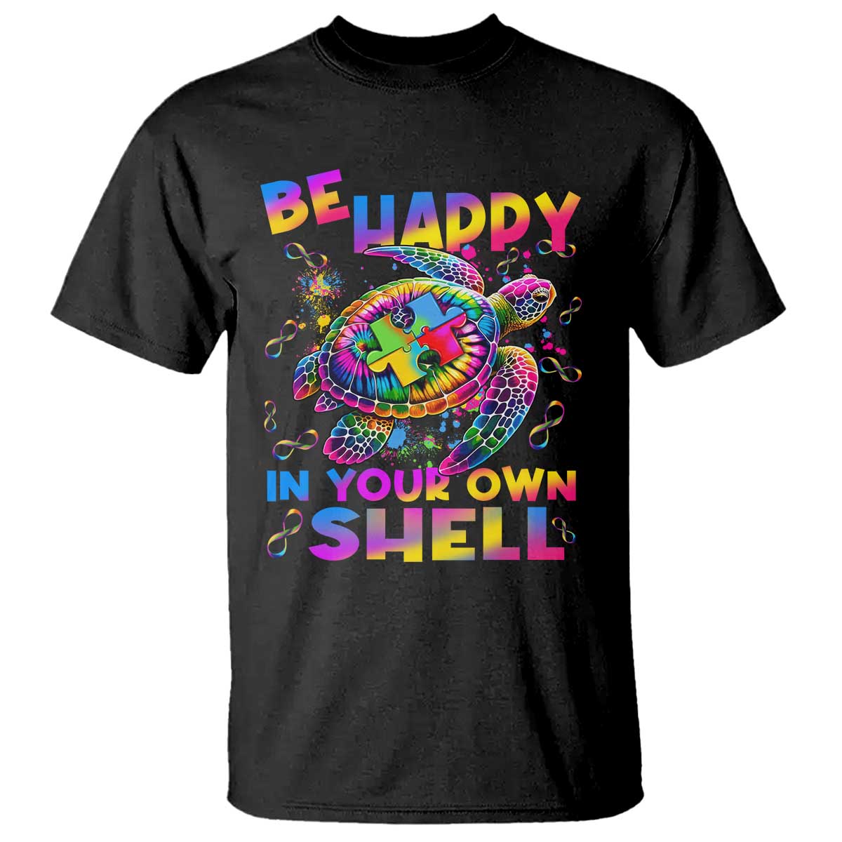 Funny Autism Awareness Be Happy In Your Own Shell T Shirt Rainbow Puzzle Turtle