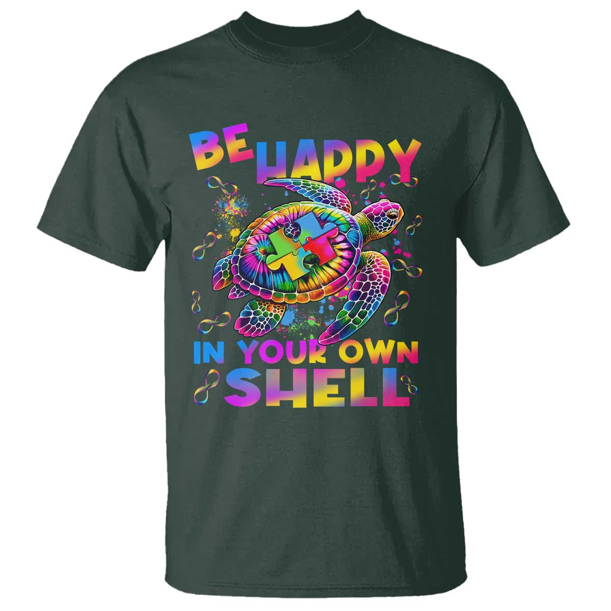 Funny Autism Awareness Be Happy In Your Own Shell T Shirt Rainbow Puzzle Turtle
