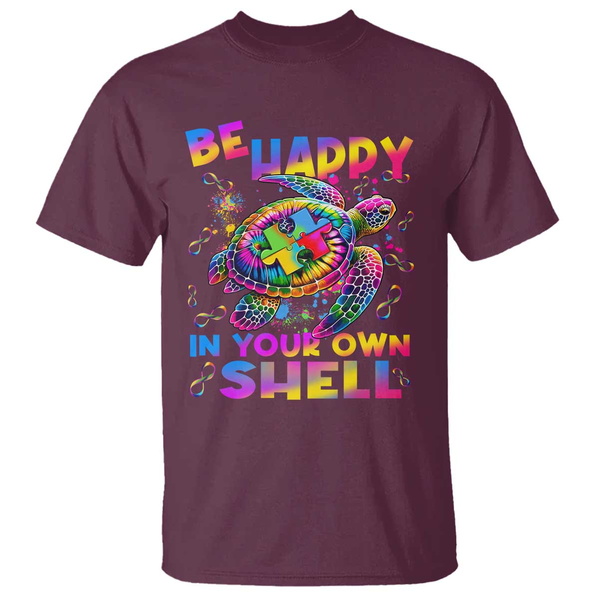 Funny Autism Awareness Be Happy In Your Own Shell T Shirt Rainbow Puzzle Turtle