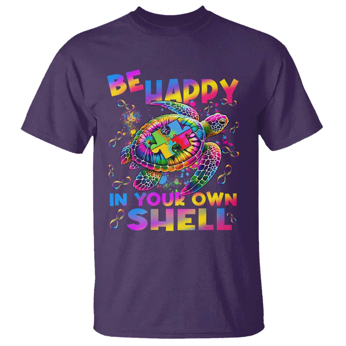 Funny Autism Awareness Be Happy In Your Own Shell T Shirt Rainbow Puzzle Turtle