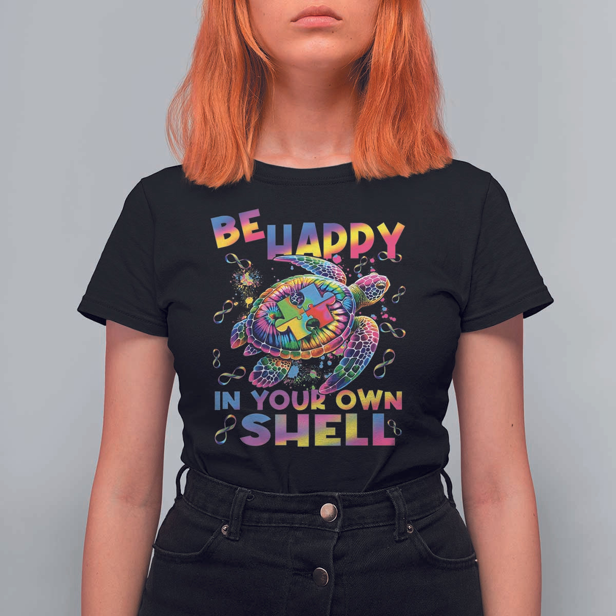 Funny Autism Awareness Be Happy In Your Own Shell T Shirt For Women Rainbow Puzzle Turtle