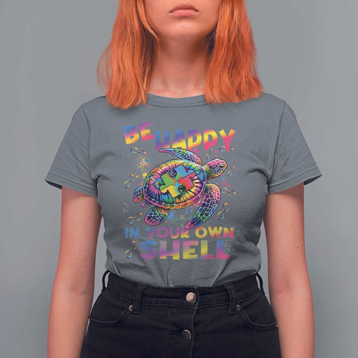 Funny Autism Awareness Be Happy In Your Own Shell T Shirt For Women Rainbow Puzzle Turtle