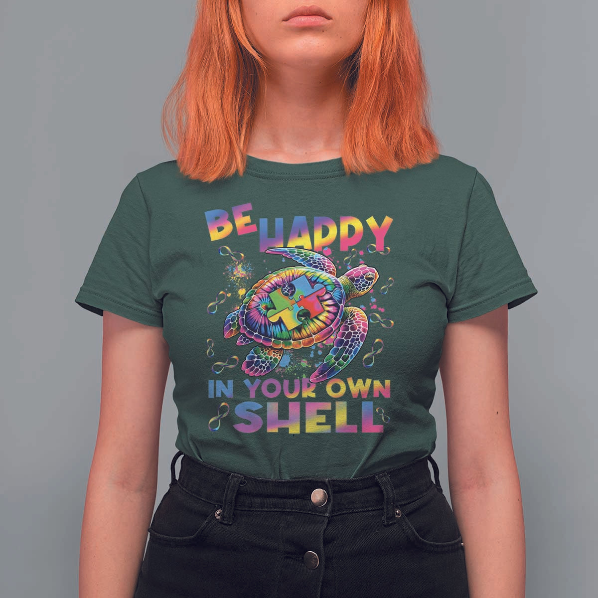 Funny Autism Awareness Be Happy In Your Own Shell T Shirt For Women Rainbow Puzzle Turtle