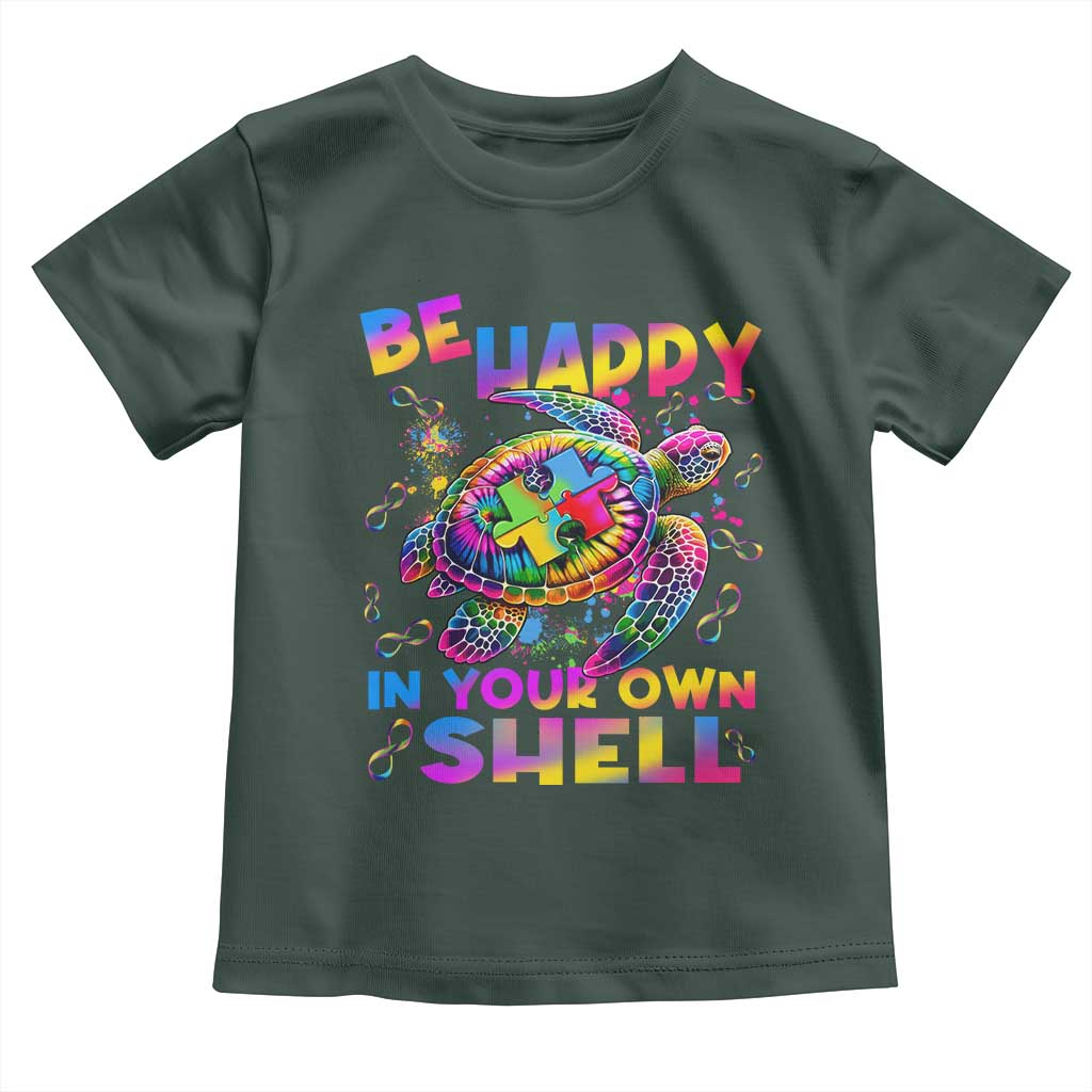 Funny Autism Awareness Be Happy In Your Own Shell Toddler T Shirt Rainbow Puzzle Turtle