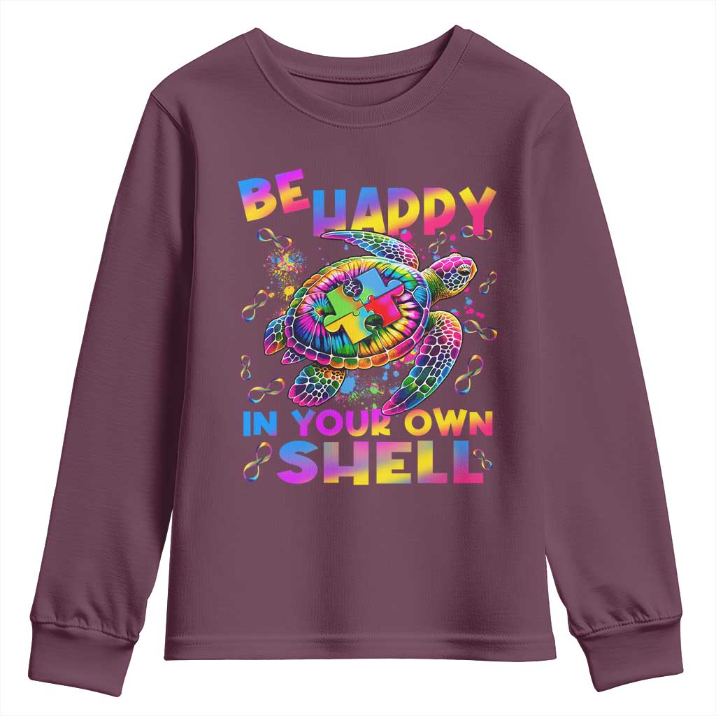 Funny Autism Awareness Be Happy In Your Own Shell Youth Sweatshirt Rainbow Puzzle Turtle
