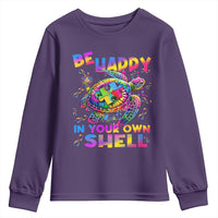 Funny Autism Awareness Be Happy In Your Own Shell Youth Sweatshirt Rainbow Puzzle Turtle