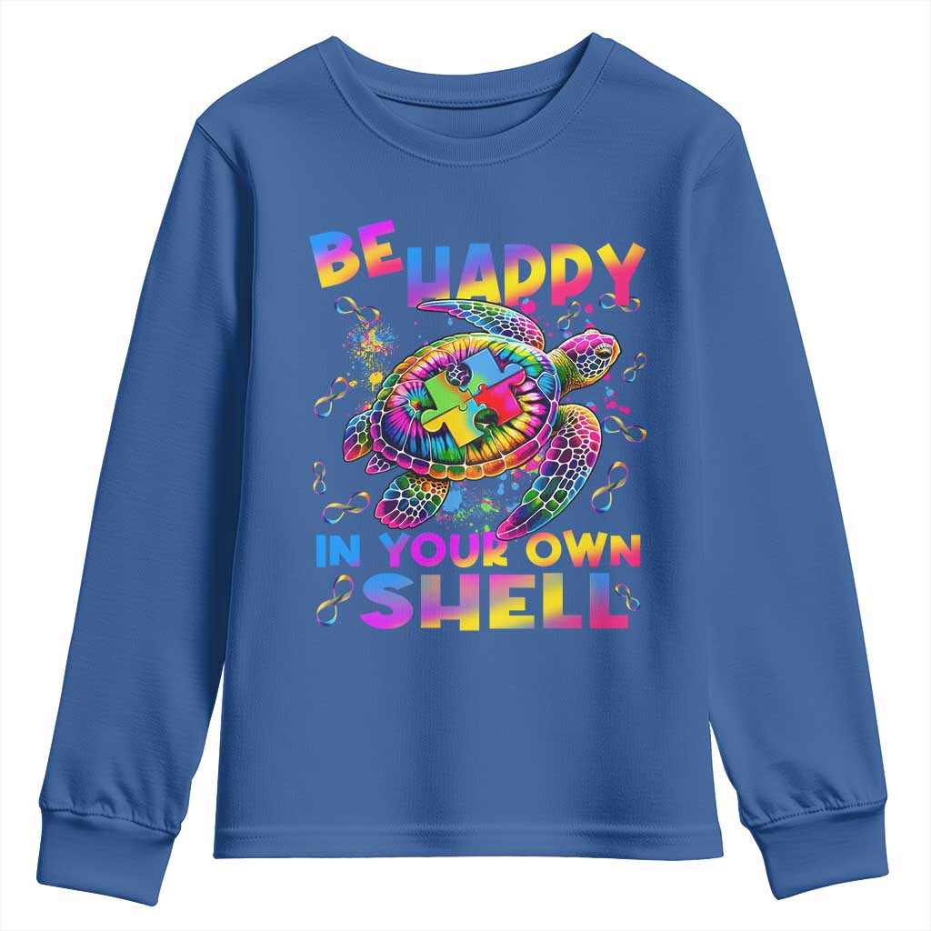 Funny Autism Awareness Be Happy In Your Own Shell Youth Sweatshirt Rainbow Puzzle Turtle